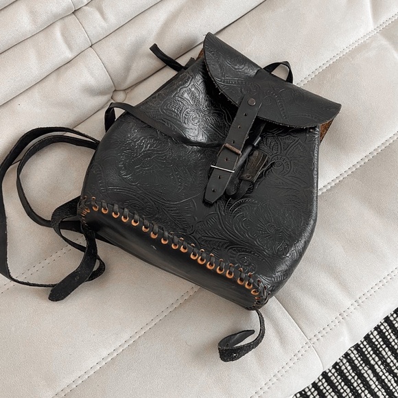 Rare True Vintage 70's Genuine Leatherwork Black Western Satchel Backpack Mexico - Picture 5 of 10